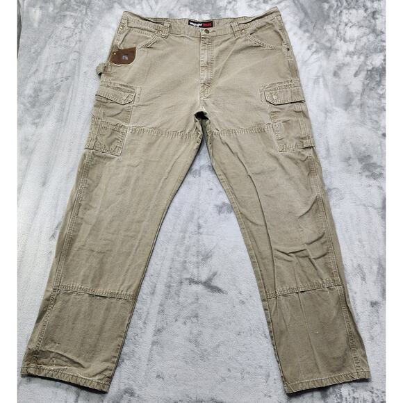 Vintage Wrangler Pants Mens 42x34 Tan Cargo Carpenter Double Knee Riggs Workwear - Picture 1 of 13